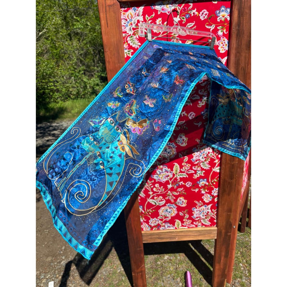 100% Silk Laurel Burch Indigo Cats and Butterflies Beaded Sequin Scarf‎ 11 X 53"